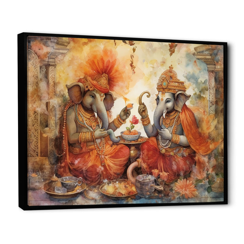 L'hindouisme aquarelle Ganesha avec détails complexes sur toile, Cadre flottant noir, H 30 po x l 40 po x P 1,5 po