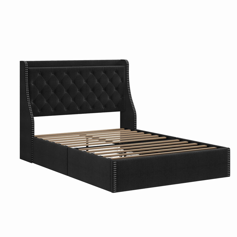 Base de lit grand format avec tête de lit à oreilles, structure de lit tapissier à 4 tiroirs en velours avec station de charge, lit de rangement capitonné, aucun sommier nécessaire, bleu