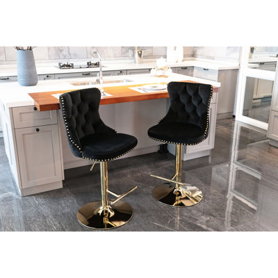 Velours doré pivotant avec hauteur de siège réglable de 25 à 33 pouces, tabourets de bar noirs confortables et modernes, 2 de hauteur pour îlot de cuisine et pub pour la maison, pivotant, noir, moderne, 2, pub,