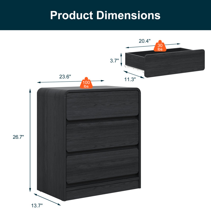 3-Drawer Nightstand Set Of 2, Black