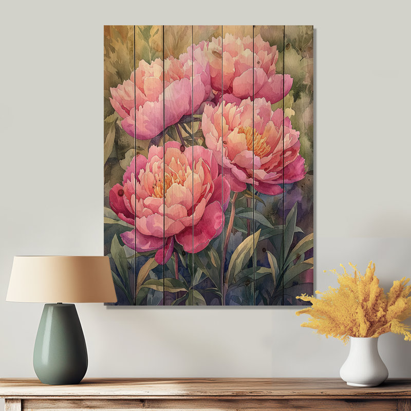 Peonies In The Vegetable Garden III - Peonies Wood Wall Decor - On Natural Pine Wood, 20" H x 10" W x 0.78" D