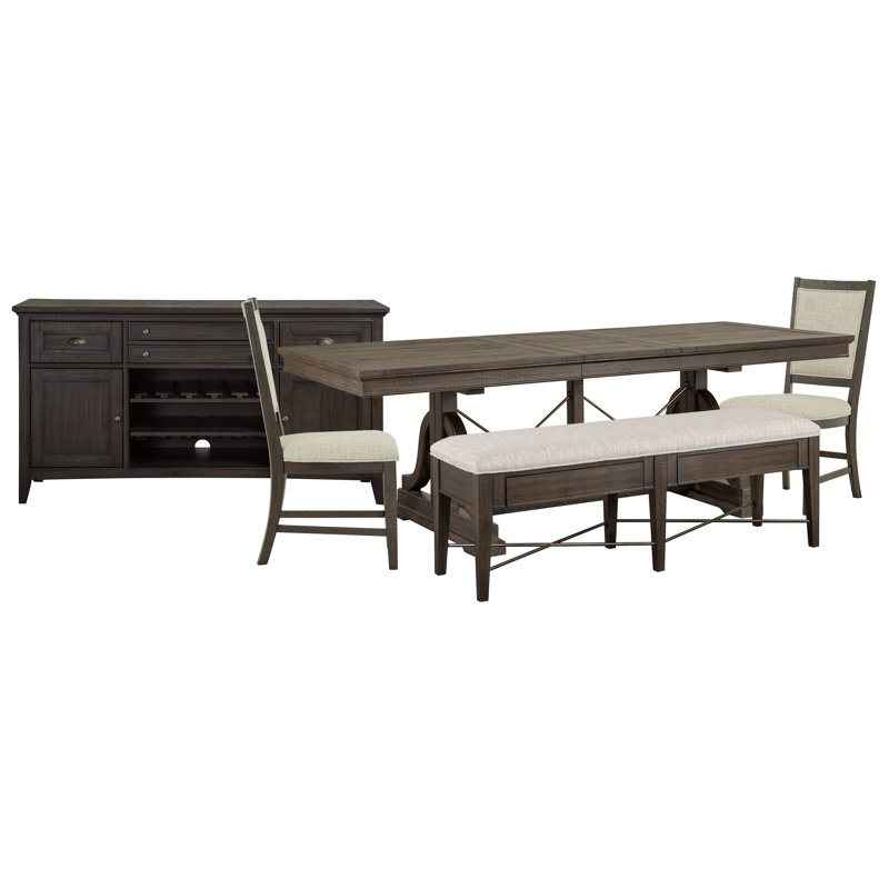 Extendable Trestle Dining Table With 2 Upholstered Side Chairs Upholstered Bench And Buffet