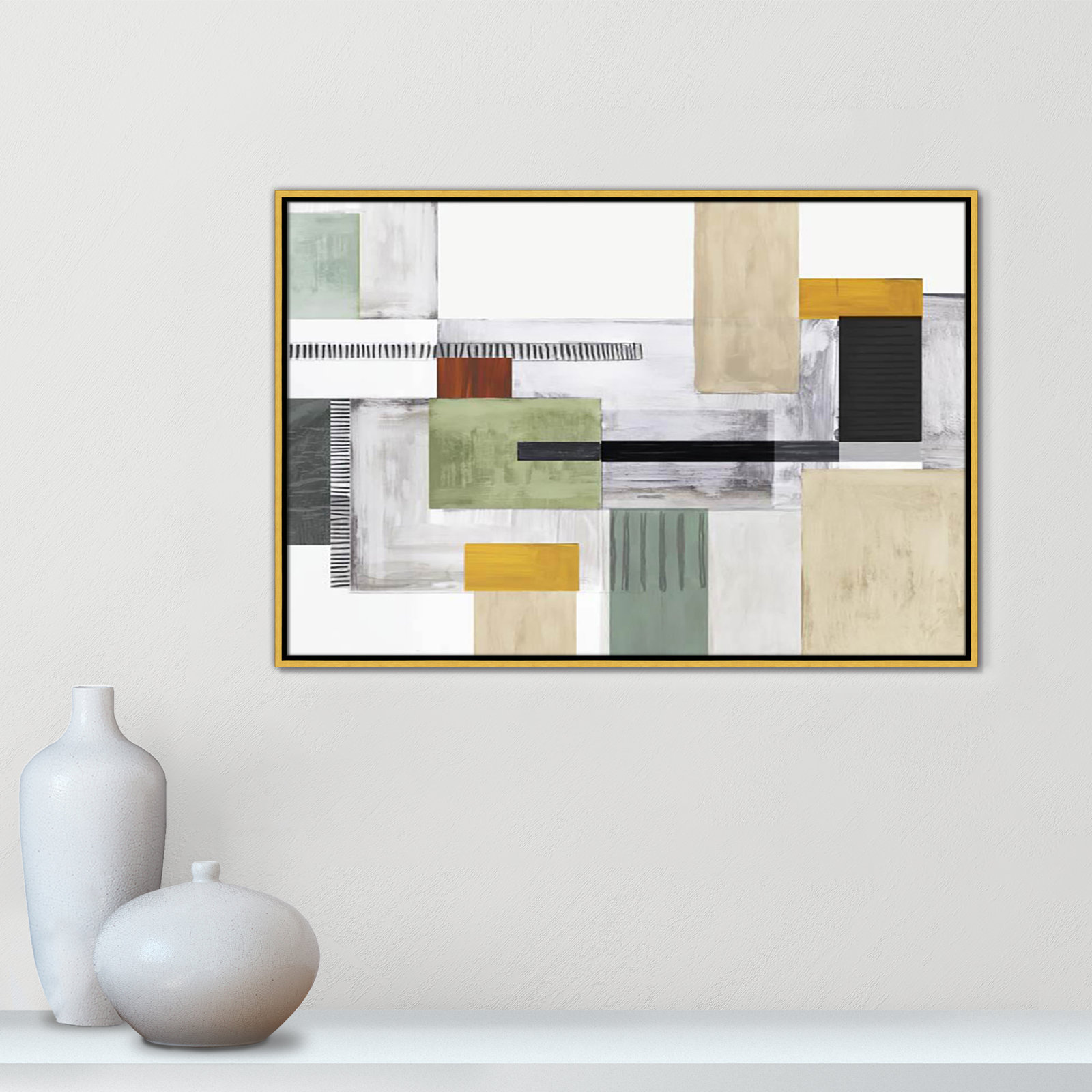 Playful Blocks Print by Tom Reeves, 25.5" H x 37.5" W x 2" D, Gold Floater Framed, No Mat