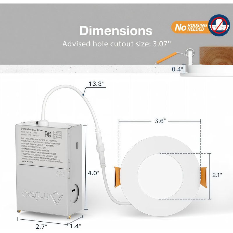 Paquet de 6 plafonniers encastrés ultra-minces à DEL de 5 pouces avec boîte de jonction 3CCT, 2700K-5000K, 6W 360LM, 5 à 100% à intensité variable, plafonnier encastré CRI80