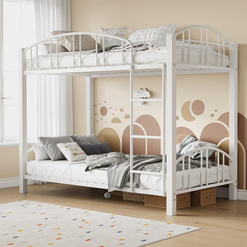 Metal Bunk Bed Twin Over Twin, Heavy Duty Frame with Guardrail & Safety Ladder for Kids, White