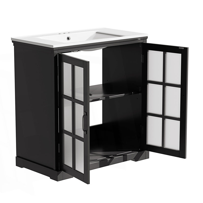 Meuble-lavabo moderne avec lavabo en céramique, meuble-lavabo avec porte en verre trempé, Noir mat
