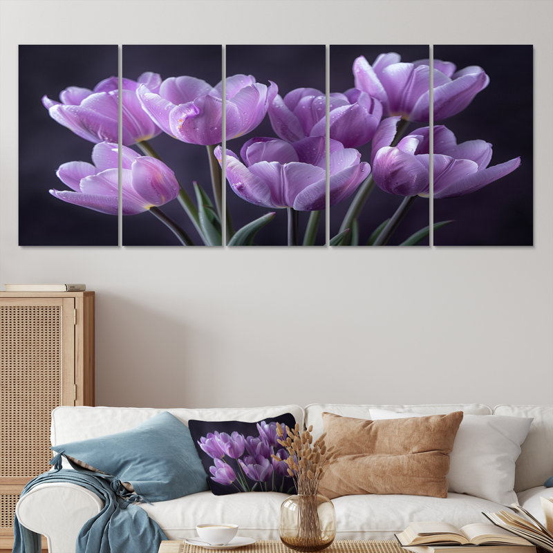 Mauve et gris Moody Majesty Tulips II - ensemble d'art mural sur toile, H 28 po x l 60 po