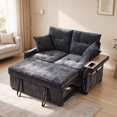 60.84" Pull Out Sofa Bed, Light Gray Chenille Sleeper Couch with Side Table, USB Charging Port & Side Storage Pocket, Convertible Sofa for Small Living Room, Bedroom and Home Office