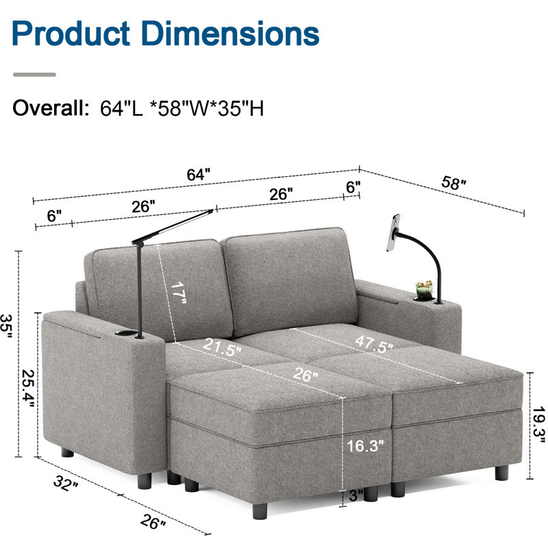 Canapé modulaire rembourré avec repose-pieds et rangement Jamerio, Mélange de polyester gris tourterelle