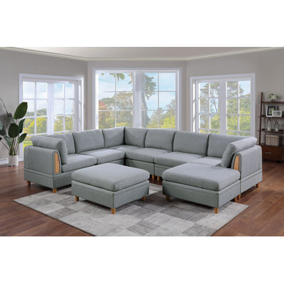 Living Room Furniture 8Pc Sectional Sofa Set Light Grey Dorris Fabric Couch 3X Wedges 3X Armless Chair And 2X Ottomans