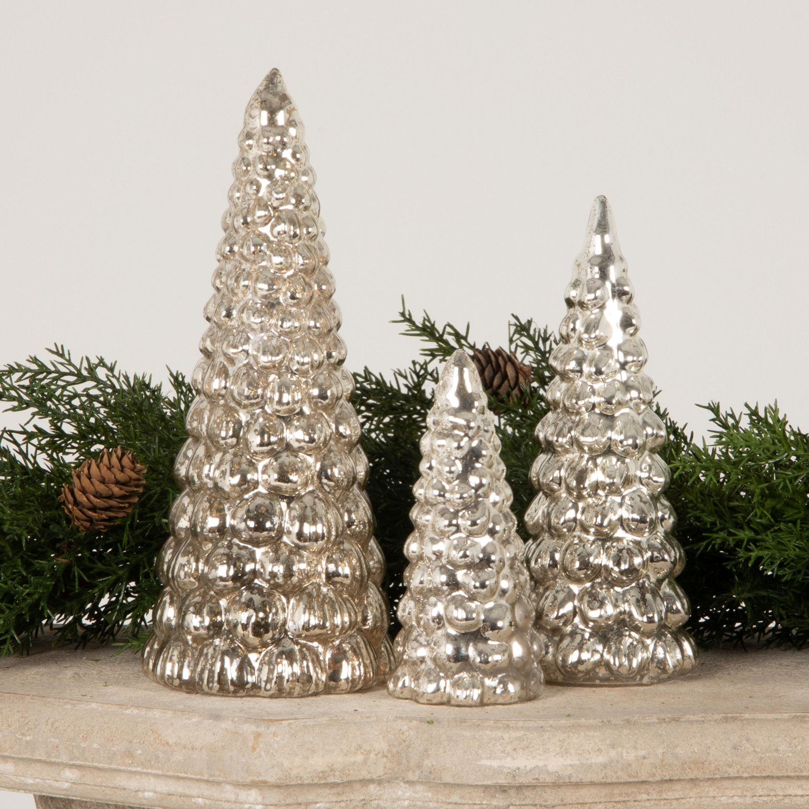 3 Piece Embossed Mercury Glass Tree Set