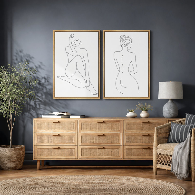 Art minimaliste féminin au trait, images de salle de bain moderne, impression sur toile encadrée 2 pièces, Cadre naturel