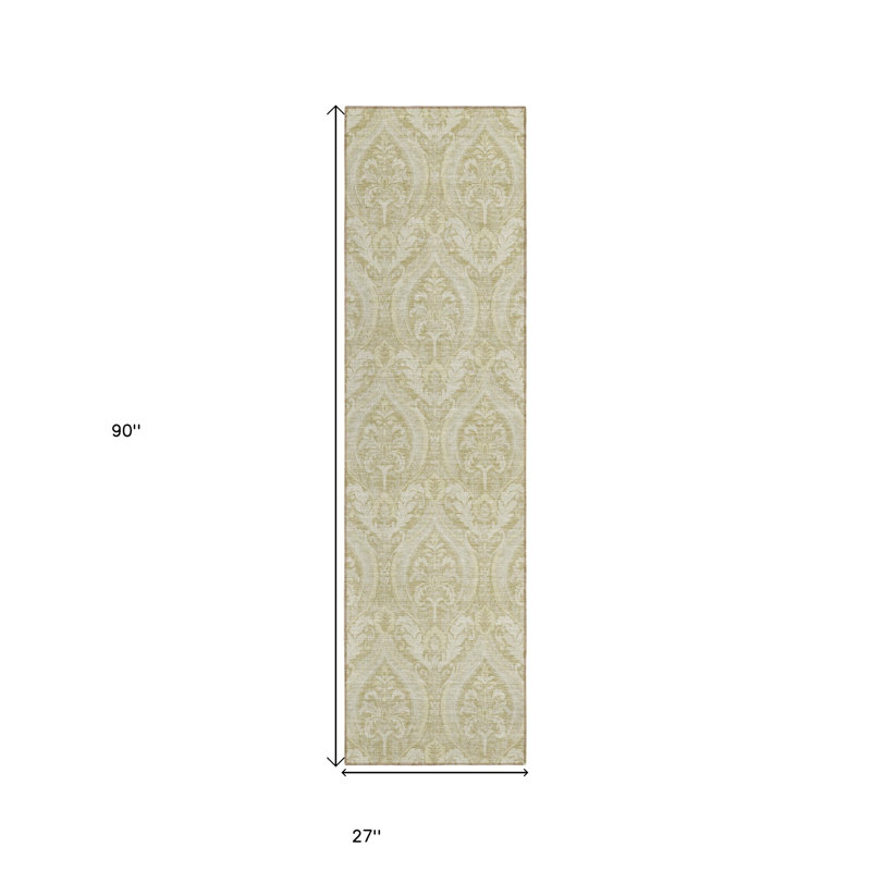 8' Runner Light Green Damask Washable Non Skid Indoor Outdoor Runner Rug
