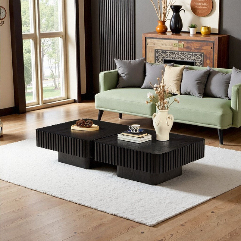 Ensemble de 2 tables basses carrées modernes de 31,5 pouces avec base en MDF et piédestal, Noir