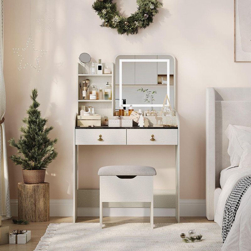 Ensemble de coiffeuse avec miroir lumineux à DEL et station de charge, petit bureau de maquillage avec tiroirs, tabouret et luminosité réglable pour la chambre à coucher