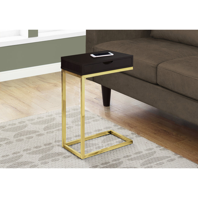 Table d'appoint, en forme de C, bout, côté, collation, tiroir de rangement, salon, chambre à coucher, stratifié brun, métal doré, contemporain, moderne