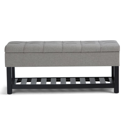 Saxon 43"W Linen Look Transitional Storage Ottoman Bench with Tufted Lift-Top and Open Bottom Shelf