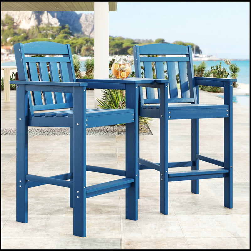 Tall Adirondack Chairs Set Of 2, HDPE Bar Stools With Connecting Tray For All-Weather Outdoor Use, Blue