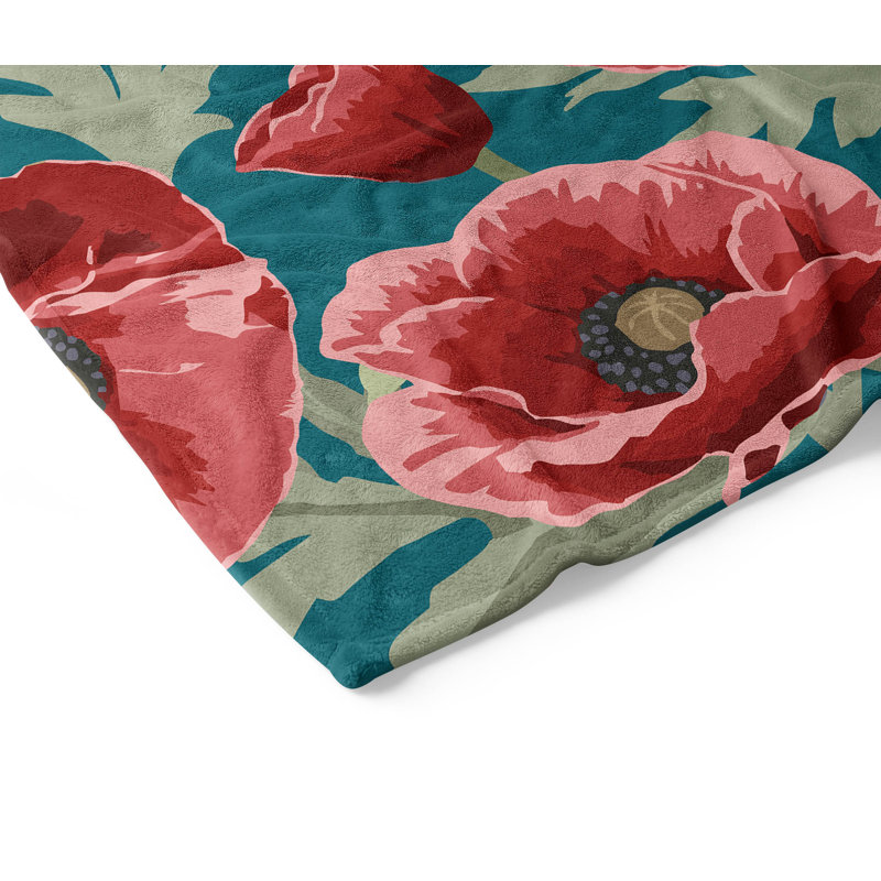 Couverture en velours de molleton Poppie, L 60 po x l 50 po, Floral bleu sarcelle