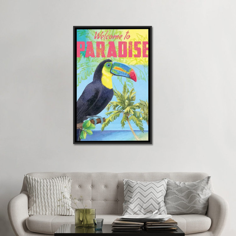 Island Time Parrot by Beth Grove - Textual Art, Black Framed Canvas, No Mat, 48" H x 32" W x 1.5" D