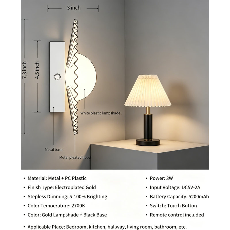 Ensemble de 2 appliques murales rechargeables sans fil, à DEL, à piles et à intensité variable avec télécommande, installation facile à installer dans le couloir, la chambre à coucher et le salon