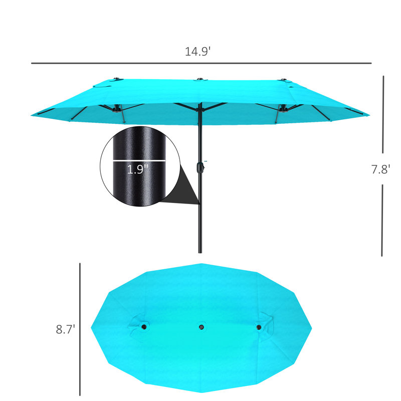 Très grand parasol d'extérieur à double face avec poignée à manivelle et bouches d'aération pour cour, terrasse, piscine, marché, bleu