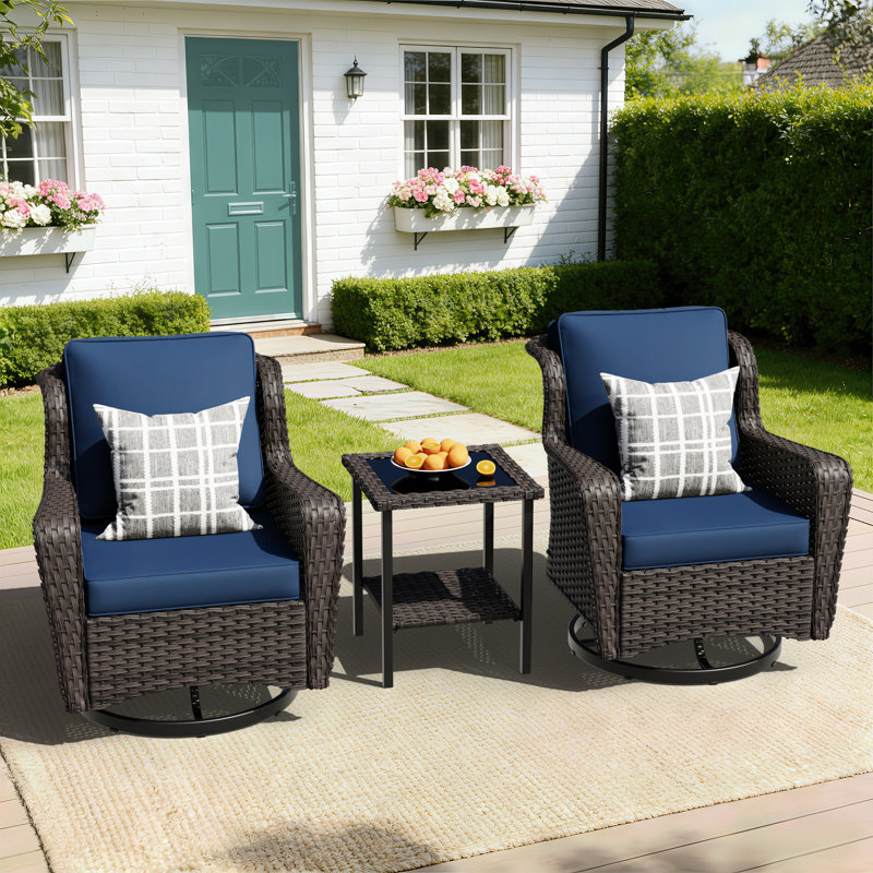 Vaylen 3-piece Patio Rattan Swivel Chair Set, Dark Blue, Brown