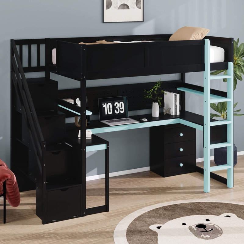 Lit mezzanine en bois simple pour jouer avec des escaliers de rangement, un bureau intégré, une étagère et un système de panneau perforé