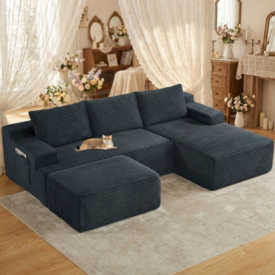 95" Boneless Modular Sectional Sofa, Cloud Couch with Right Facing Chaise, Oversized Deep Seat, U-Shaped, Soft Corduroy Fabric, Sectional Couch for Living Room