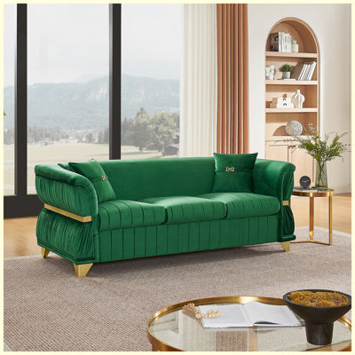 Canapé moderne 83,5 po en velours vert à 3 places avec 2 coussins, garniture en métal doré, pieds fuselés dorés et accoudoirs courbés