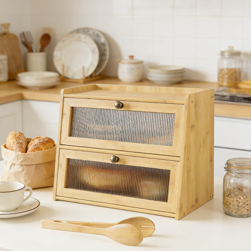 Double Layer Bread Box For Kitchen Counter, Large Capacity Wooden Bamboo Bread Storage Container With Acrylic Window, Stackable Bread Holder And Organizer