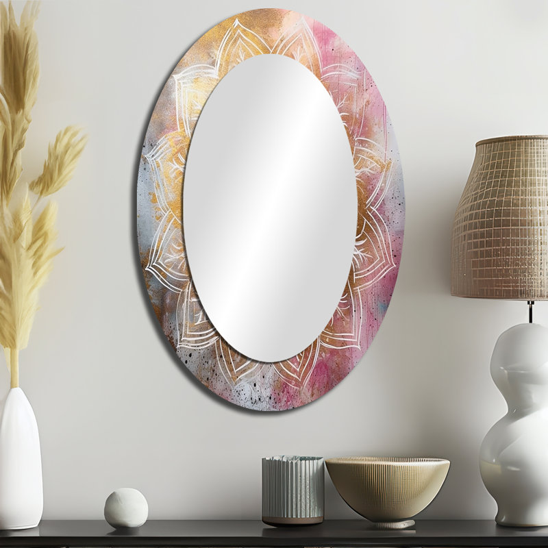 Mandala doré rose I - miroir décoratif géométrique ovale sur métal, 36 po x 24 po