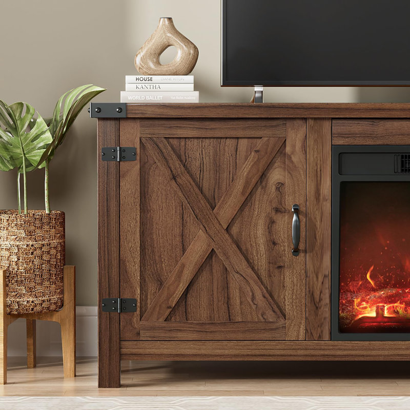 Meuble télé avec deux portes de grange et armoires de rangement pour téléviseur de 65 po ou moins, console de divertissement