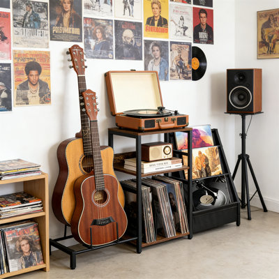 Brown Record Player Stand With Adjustable Guitar Stand And Vinyl Storage For Music Room