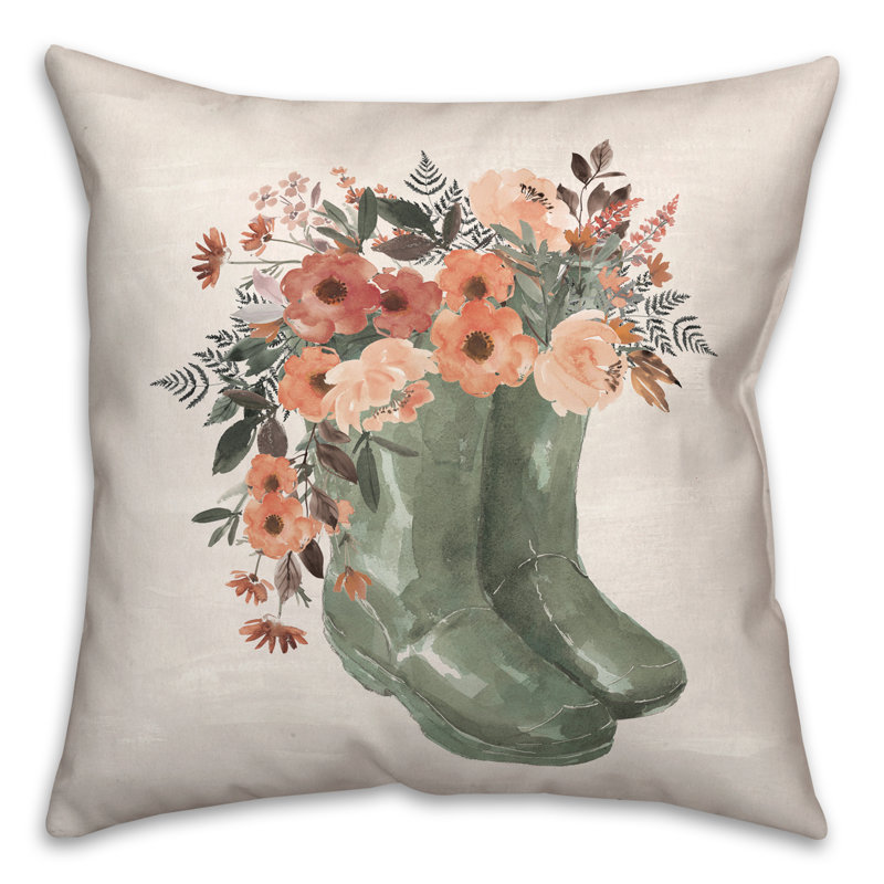 Green Floral Rainboots Outdoor Throw Pillow