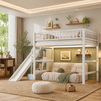 Twin over Twin Bunk Bed with Storage Staircase, Slide and Trundle, Walnut