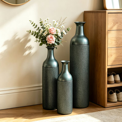 Ensemble de 3 vases de sol décoratifs en fer, vases hauts noirs et argentés à texture alvéolée pour salon, entrée et décoration intérieure