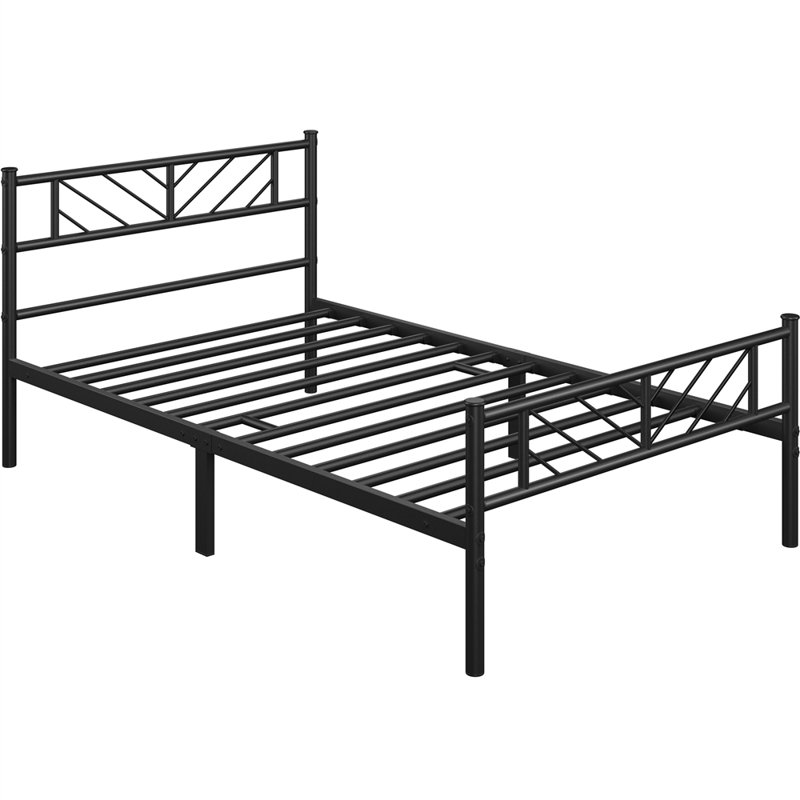 Minimalist Metal Slatted Bed Platform with Arrow Design Headboard, Single (3'), Black