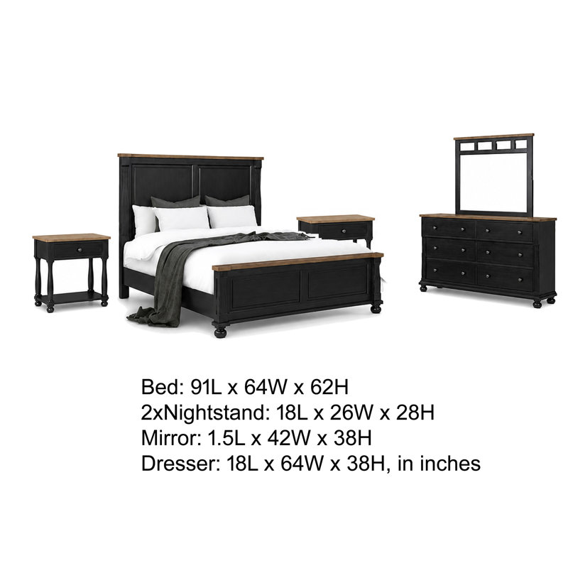 Ensemble de chambre avec grand lit 5 pièces Ginie, 2 tables de chevet USB, chêne brun rustique noir