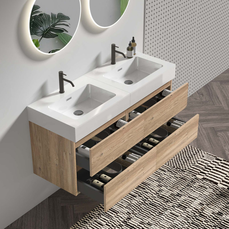 Meuble-lavabo mural 48 po (24 po * 2) avec lavabo à quartz et tiroirs, KD, Chêne, 48", Blanc
