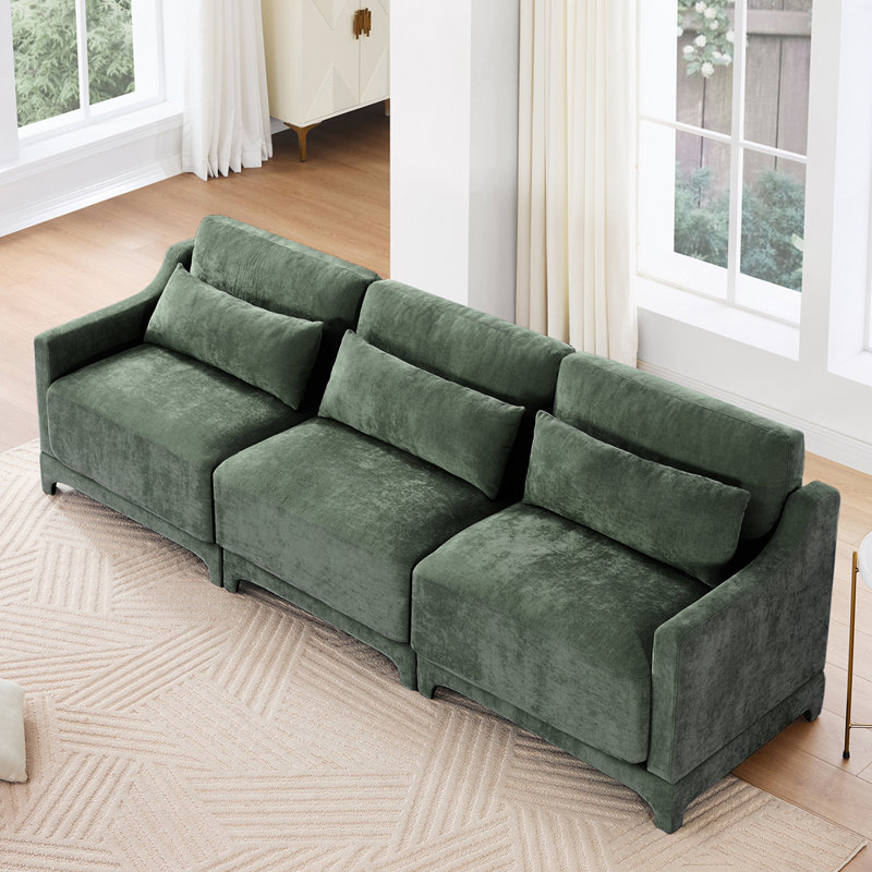 105.9" Chenille Upholstered Pillow-Top Arm Sofa Couch, 3, Green