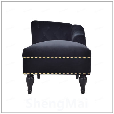 Chaise longue en velours, canapé capitonné à accoudoir à droite avec garniture cloutée, pieds en bois massif pour le salon ou le bureau