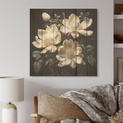 Magnolias Emerge From The Shadows In Noir - Magnolias Wood Wall Art On Natural Pine Wood