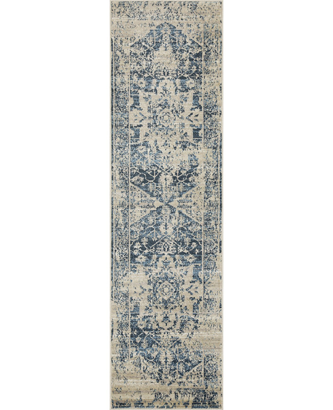 8' Ivory And Blue Oriental Distressed Round Rug, Runner 2' x 8'