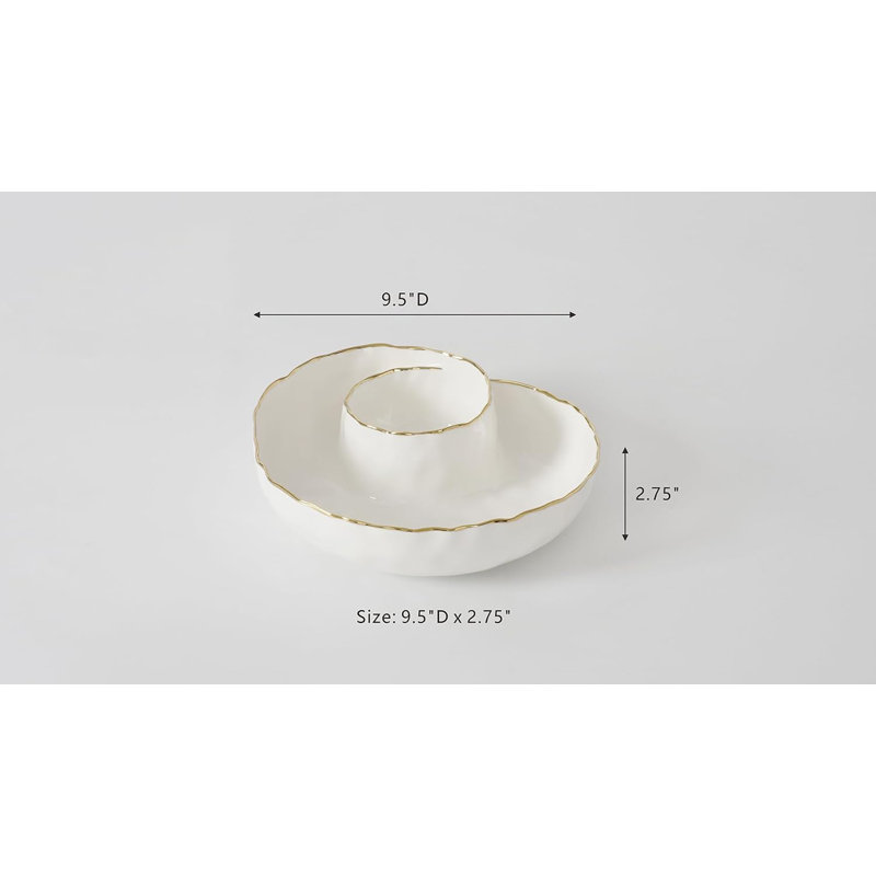 Bol de service rond en porcelaine blanche pour croustilles et sauces, avec bordure dorée, collection Portofino pour recevoir à table
