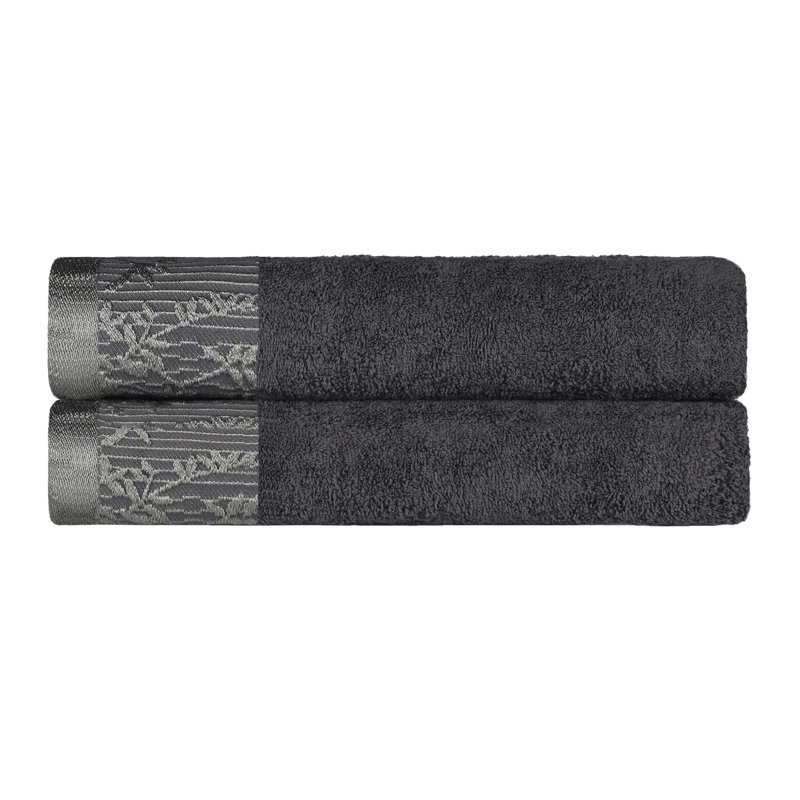 Ensemble de serviettes de bain en coton de poids moyen à bordure florale en jacquard pour la salle de bain Carinna, Gris
