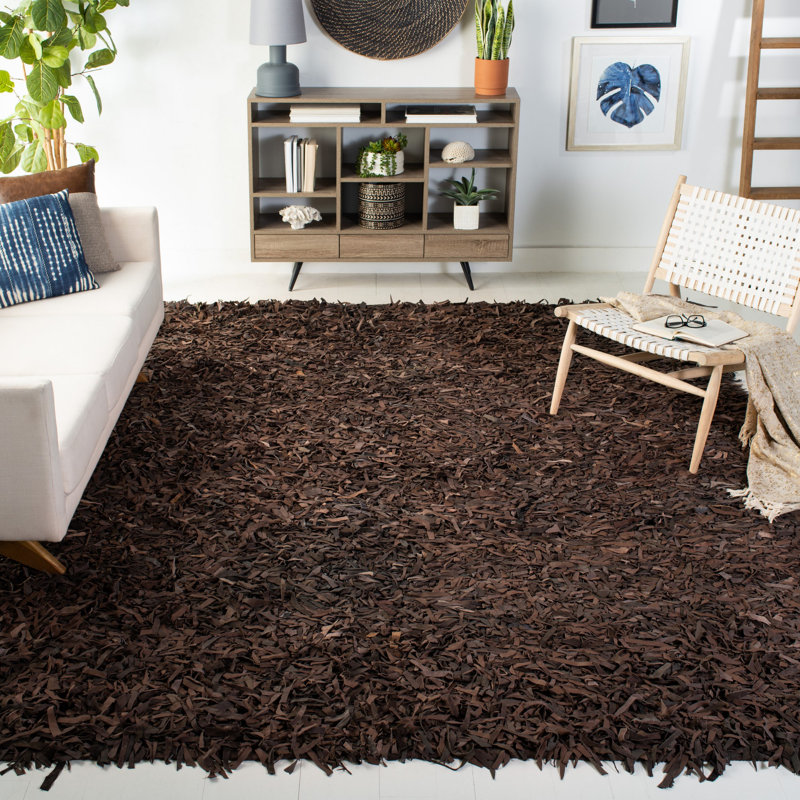Arik Handwoven Leather/Cotton Solid Color Rug in Dark Brown, Rectangle 8' x 10'
