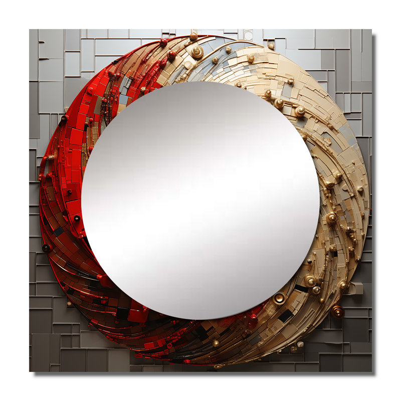 Gold Red Minimalism Spiral Poteries I - Abstract Spirals Square Mirror Wall Decor For Bedroom, 29" x 29"