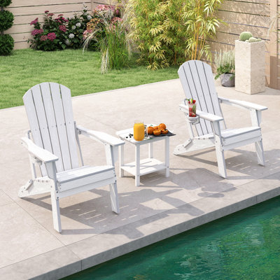 Ensemble 3 pièces de chaises pliantes Hdpe Adirondack avec table d'appoint à 2 niveaux, porte-gobelets et mobilier de jardin en bois poly