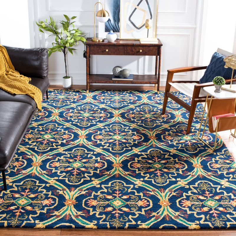 Tapis géométrique en laine / coton touffeté à la main Drihmi - vert / bleu marine / jaune, Rectangle 8 pi x 10 pi